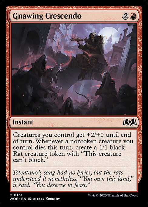 Creatures you control get +2/+0 until end of turn. Whenever a nontoken creature you control dies this turn, create a 1/1 black Rat creature token with "This creature can't block."