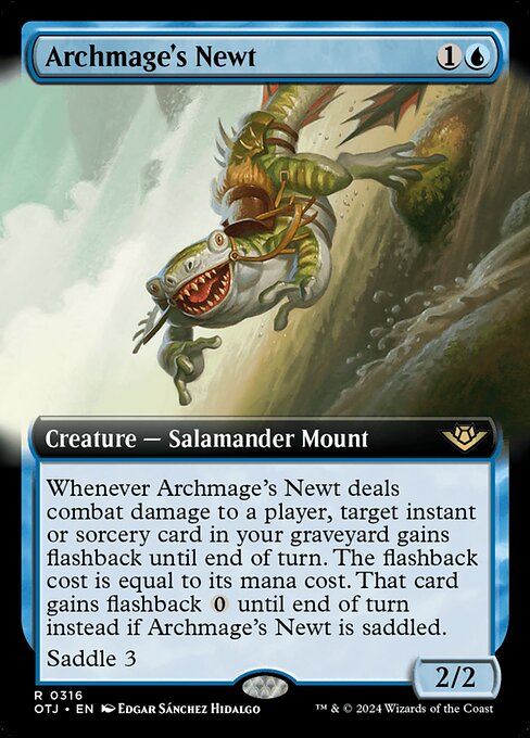 Whenever Archmage's Newt deals combat damage to a player, target instant or sorcery card in your graveyard gains flashback until end of turn. The flashback cost is equal to its mana cost. That card gains flashback {0} until end of turn instead if Archmage's Newt is saddled. (You may cast that card from your graveyard for its flashback cost. Then exile it.)
Saddle 3