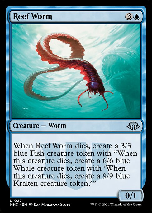 When Reef Worm dies, create a 3/3 blue Fish creature token with "When this creature dies, create a 6/6 blue Whale creature token with 'When this creature dies, create a 9/9 blue Kraken creature token.'"
