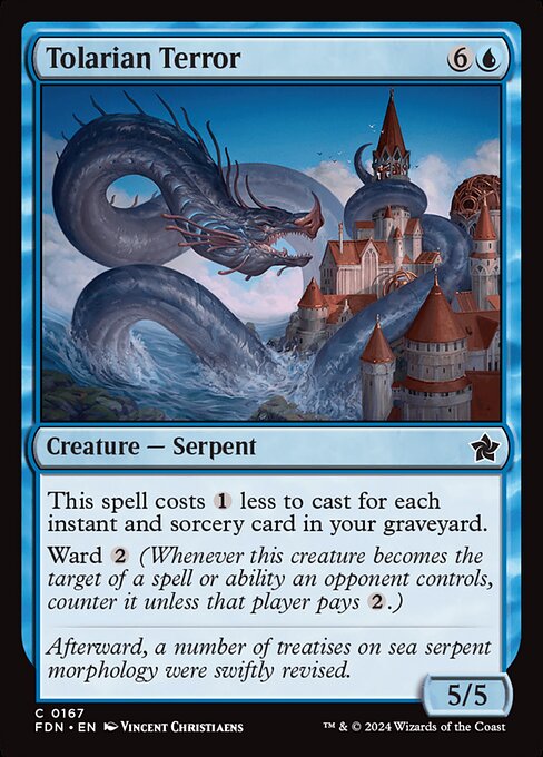 This spell costs {1} less to cast for each instant and sorcery card in your graveyard.
Ward {2} (Whenever this creature becomes the target of a spell or ability an opponent controls, counter it unless that player pays {2}.)