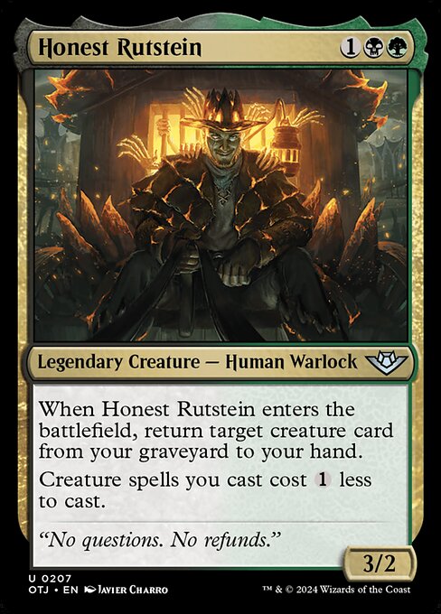 When Honest Rutstein enters the battlefield, return target creature card from your graveyard to your hand.
Creature spells you cast cost {1} less to cast.