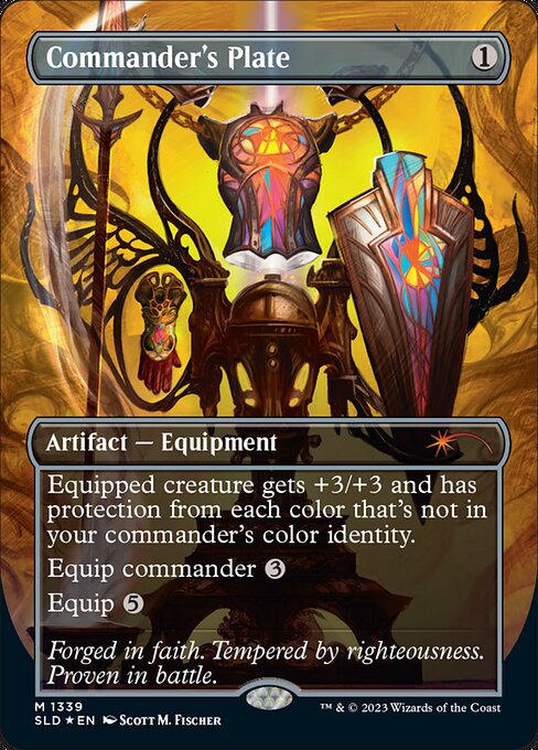 Equipped creature gets +3/+3 and has protection from each color that's not in your commander's color identity.
Equip commander {3}
Equip {5}