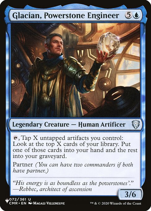 {T}, Tap X untapped artifacts you control: Look at the top X cards of your library. Put one of those cards into your hand and the rest into your graveyard.
Partner (You can have two commanders if both have partner.)