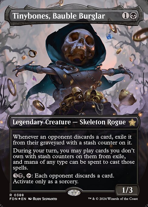 Whenever an opponent discards a card, exile it from their graveyard with a stash counter on it.
During your turn, you may play cards you don't own with stash counters on them from exile, and mana of any type can be spent to cast those spells.
{3}{B}, {T}: Each opponent discards a card. Activate only as a sorcery.