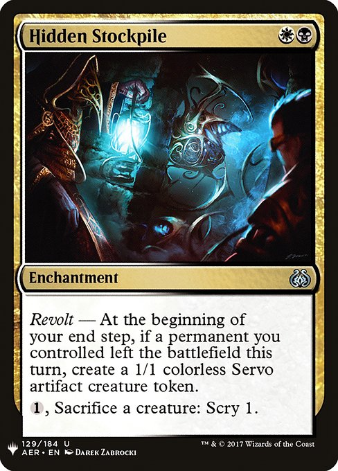 Revolt — At the beginning of your end step, if a permanent you controlled left the battlefield this turn, create a 1/1 colorless Servo artifact creature token.
{1}, Sacrifice a creature: Scry 1.
