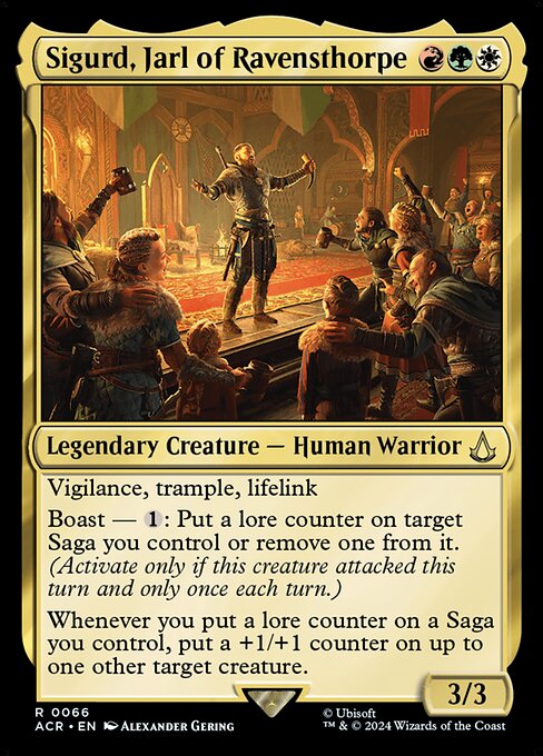 Vigilance, trample, lifelink
Boast — {1}: Put a lore counter on target Saga you control or remove one from it. (Activate only if this creature attacked this turn and only once each turn.)
Whenever you put a lore counter on a Saga you control, put a +1/+1 counter on up to one other target creature.