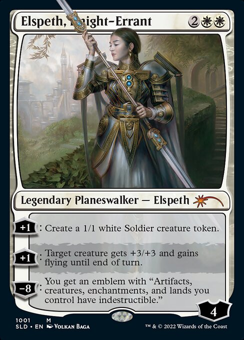 +1: Create a 1/1 white Soldier creature token.
+1: Target creature gets +3/+3 and gains flying until end of turn.
−8: You get an emblem with "Artifacts, creatures, enchantments, and lands you control have indestructible."