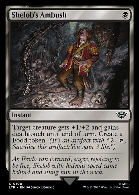 Target creature gets +1/+2 and gains deathtouch until end of turn. Create a Food token. (It's an artifact with "{2}, {T}, Sacrifice this artifact: You gain 3 life.")