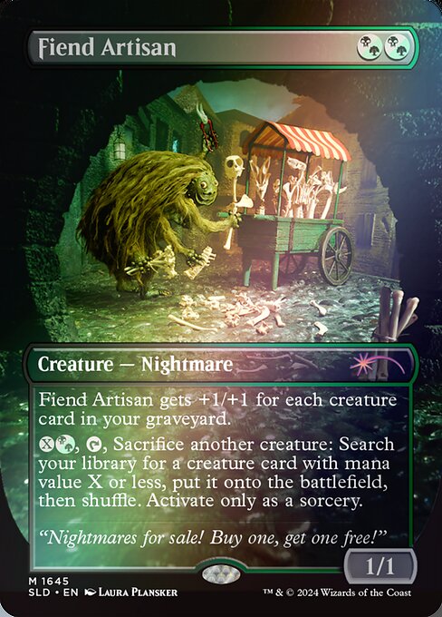 Fiend Artisan gets +1/+1 for each creature card in your graveyard.
{X}{B/G}, {T}, Sacrifice another creature: Search your library for a creature card with mana value X or less, put it onto the battlefield, then shuffle. Activate only as a sorcery.
