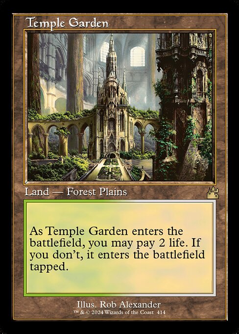 ({T}: Add {G} or {W}.)
As Temple Garden enters the battlefield, you may pay 2 life. If you don't, it enters the battlefield tapped.