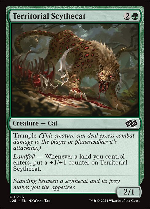Trample (This creature can deal excess combat damage to the player or planeswalker it's attacking.)
Landfall — Whenever a land you control enters, put a +1/+1 counter on Territorial Scythecat.