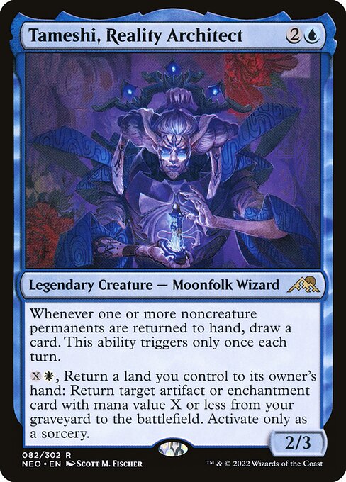 Whenever one or more noncreature permanents are returned to hand, draw a card. This ability triggers only once each turn.
{X}{W}, Return a land you control to its owner's hand: Return target artifact or enchantment card with mana value X or less from your graveyard to the battlefield. Activate only as a sorcery.