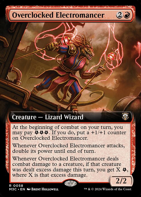 At the beginning of combat on your turn, you may pay {E}{E}{E}. If you do, put a +1/+1 counter on Overclocked Electromancer.
Whenever Overclocked Electromancer attacks, double its power until end of turn.
Whenever Overclocked Electromancer deals combat damage to a creature, if that creature was dealt excess damage this turn, you get X {E}, where X is that excess damage.