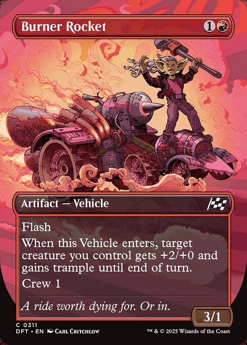 Flash
When this Vehicle enters, target creature you control gets +2/+0 and gains trample until end of turn.
Crew 1 (Tap any number of creatures you control with total power 1 or more: This Vehicle becomes an artifact creature until end of turn.)