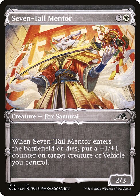 When Seven-Tail Mentor enters the battlefield or dies, put a +1/+1 counter on target creature or Vehicle you control.