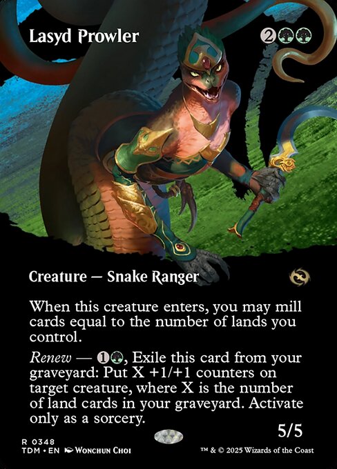 When this creature enters, you may mill cards equal to the number of lands you control.
Renew — {1}{G}, Exile this card from your graveyard: Put X +1/+1 counters on target creature, where X is the number of land cards in your graveyard. Activate only as a sorcery.