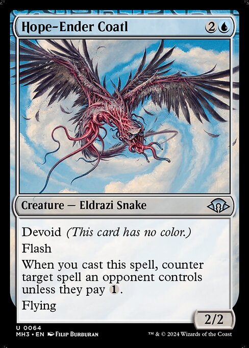 Devoid (This card has no color.)
Flash
When you cast this spell, counter target spell an opponent controls unless they pay {1}.
Flying