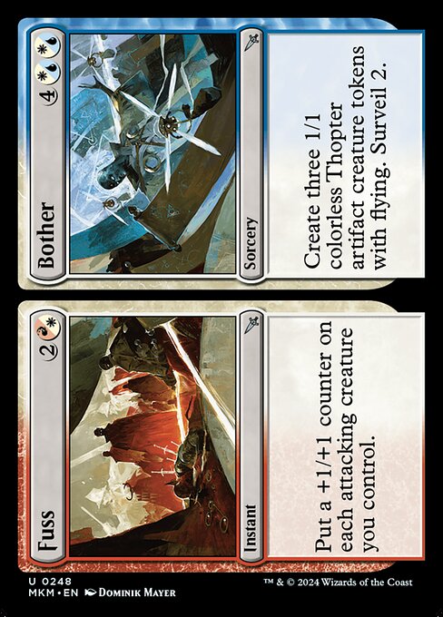 Put a +1/+1 counter on each attacking creature you control.   Create three 1/1 colorless Thopter artifact creature tokens with flying. Surveil 2.