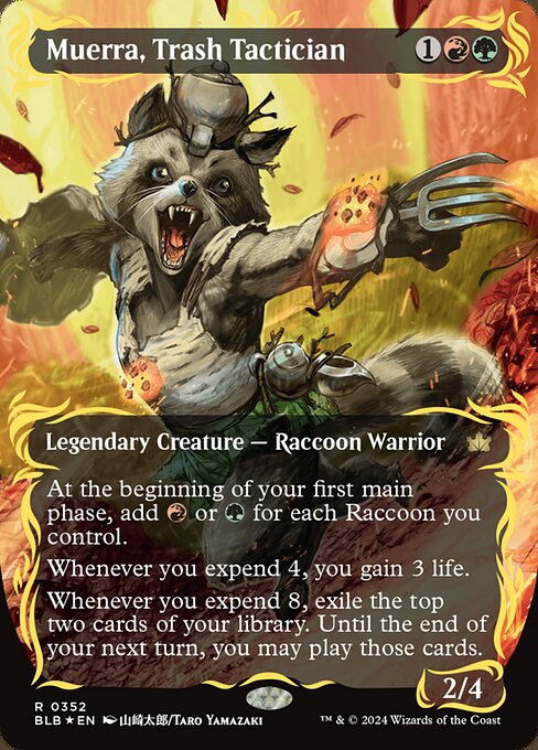 At the beginning of your first main phase, add {R} or {G} for each Raccoon you control.
Whenever you expend 4, you gain 3 life. (You expend 4 as you spend your fourth total mana to cast spells during a turn.)
Whenever you expend 8, exile the top two cards of your library. Until the end of your next turn, you may play those cards.