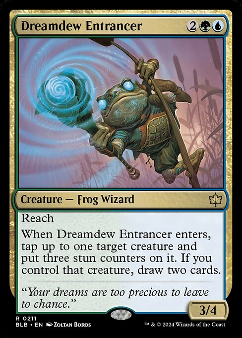 Reach
When Dreamdew Entrancer enters, tap up to one target creature and put three stun counters on it. If you control that creature, draw two cards.