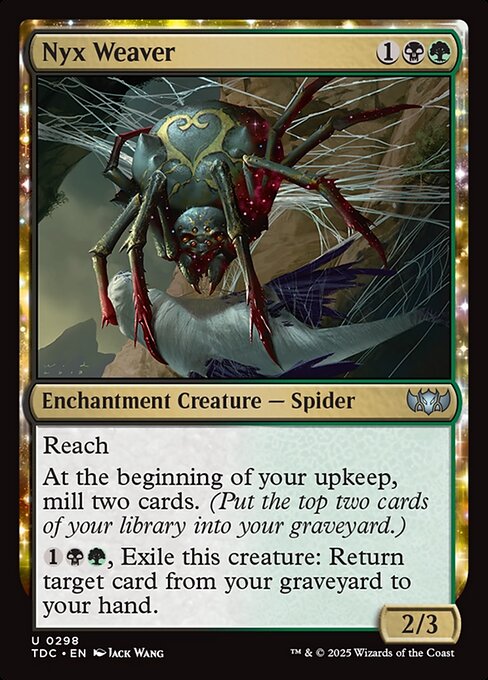 Reach
At the beginning of your upkeep, mill two cards. (Put the top two cards of your library into your graveyard.)
{1}{B}{G}, Exile this creature: Return target card from your graveyard to your hand.