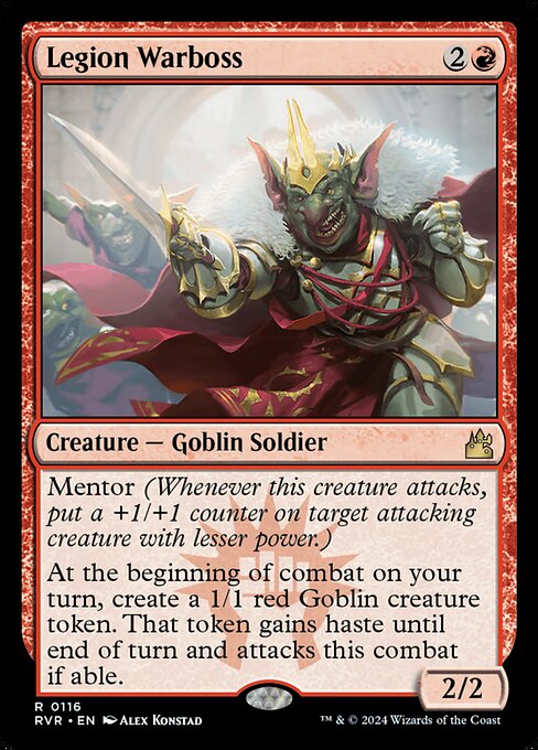 Mentor (Whenever this creature attacks, put a +1/+1 counter on target attacking creature with lesser power.)
At the beginning of combat on your turn, create a 1/1 red Goblin creature token. That token gains haste until end of turn and attacks this combat if able.