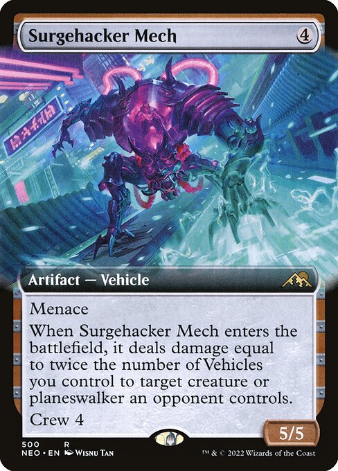 Menace
When Surgehacker Mech enters the battlefield, it deals damage equal to twice the number of Vehicles you control to target creature or planeswalker an opponent controls.
Crew 4