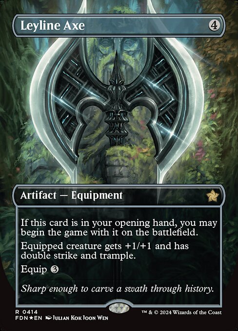 If this card is in your opening hand, you may begin the game with it on the battlefield.
Equipped creature gets +1/+1 and has double strike and trample.
Equip {3} ({3}: Attach to target creature you control. Equip only as a sorcery.)