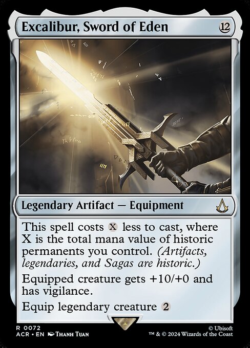 This spell costs {X} less to cast, where X is the total mana value of historic permanents you control. (Artifacts, legendaries, and Sagas are historic.)
Equipped creature gets +10/+0 and has vigilance.
Equip legendary creature {2}