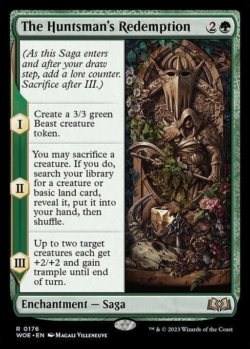 (As this Saga enters and after your draw step, add a lore counter. Sacrifice after III.)
I — Create a 3/3 green Beast creature token.
II — You may sacrifice a creature. If you do, search your library for a creature or basic land card, reveal it, put it into your hand, then shuffle.
III — Up to two target creatures each get +2/+2 and gain trample until end of turn.