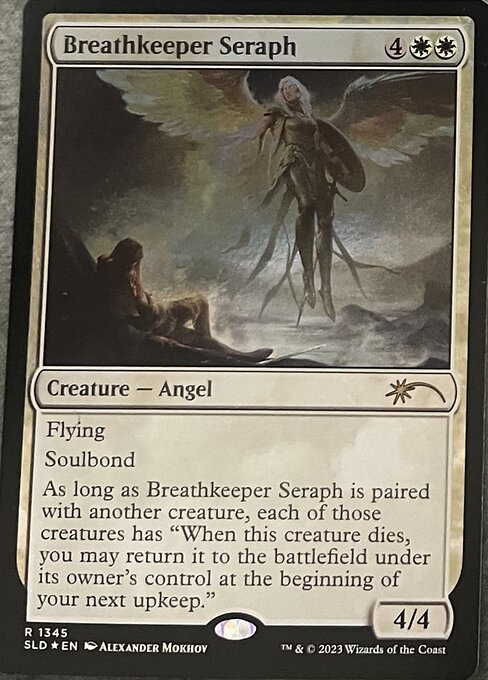 Flying, soulbond (You may pair this creature with another unpaired creature when either enters the battlefield. They remain paired for as long as you control both of them.)
As long as Breathkeeper Seraph is paired with another creature, each of those creatures has "When this creature dies, you may return it to the battlefield under its owner's control at the beginning of your next upkeep."