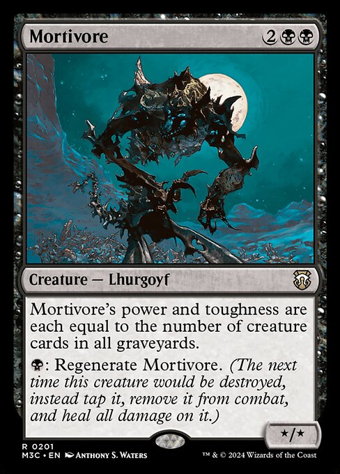 Mortivore's power and toughness are each equal to the number of creature cards in all graveyards.
{B}: Regenerate Mortivore. (The next time this creature would be destroyed, instead tap it, remove it from combat, and heal all damage on it.)
