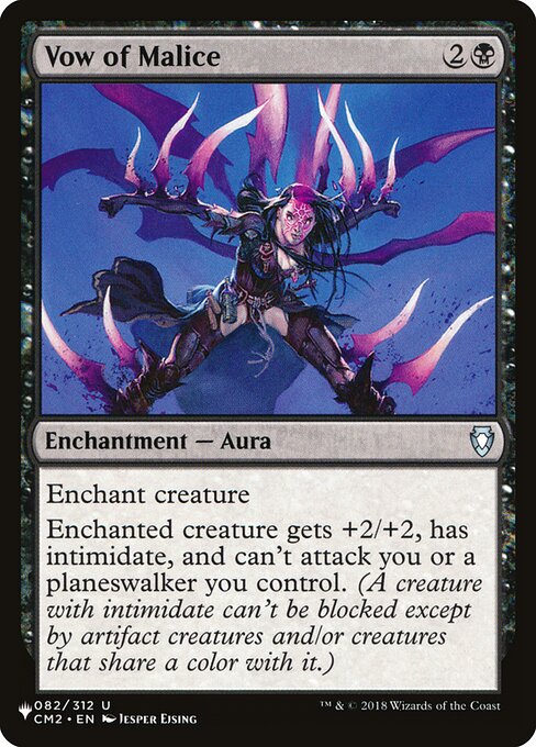 Enchant creature
Enchanted creature gets +2/+2, has intimidate, and can't attack you or planeswalkers you control. (A creature with intimidate can't be blocked except by artifact creatures and/or creatures that share a color with it.)