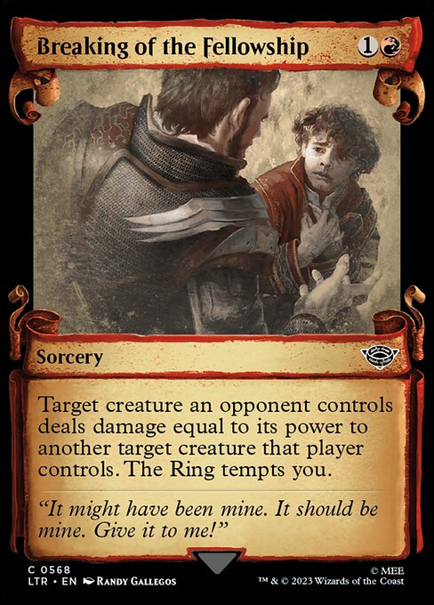 Target creature an opponent controls deals damage equal to its power to another target creature that player controls. The Ring tempts you.