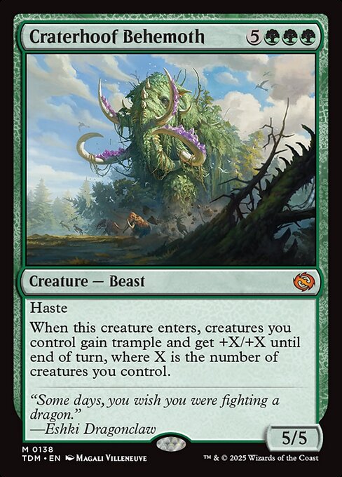 Haste
When this creature enters, creatures you control gain trample and get +X/+X until end of turn, where X is the number of creatures you control.