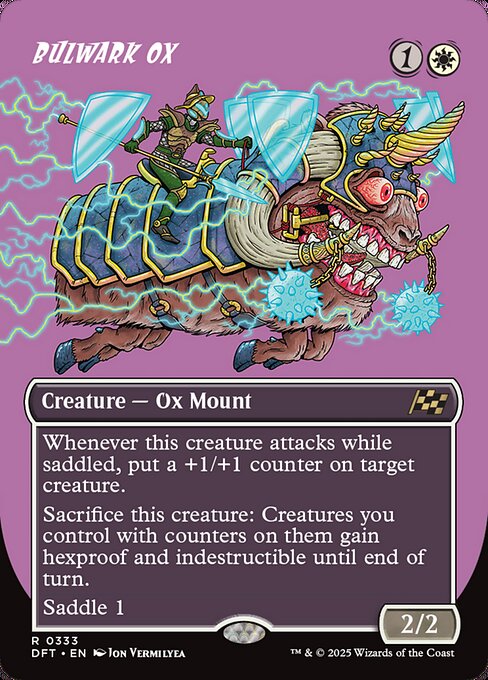 Whenever this creature attacks while saddled, put a +1/+1 counter on target creature.
Sacrifice this creature: Creatures you control with counters on them gain hexproof and indestructible until end of turn.
Saddle 1 (Tap any number of other creatures you control with total power 1 or more: This Mount becomes saddled until end of turn. Saddle only as a sorcery.)