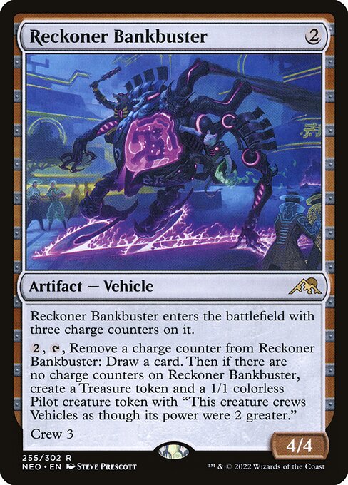 Reckoner Bankbuster enters the battlefield with three charge counters on it.
{2}, {T}, Remove a charge counter from Reckoner Bankbuster: Draw a card. Then if there are no charge counters on Reckoner Bankbuster, create a Treasure token and a 1/1 colorless Pilot creature token with "This creature crews Vehicles as though its power were 2 greater."
Crew 3