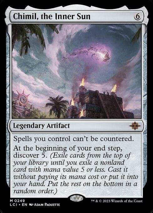 Spells you control can't be countered.
At the beginning of your end step, discover 5. (Exile cards from the top of your library until you exile a nonland card with mana value 5 or less. Cast it without paying its mana cost or put it into your hand. Put the rest on the bottom in a random order.)