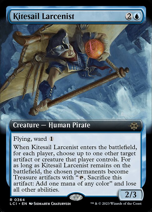 Flying, ward {1}
When Kitesail Larcenist enters the battlefield, for each player, choose up to one other target artifact or creature that player controls. For as long as Kitesail Larcenist remains on the battlefield, the chosen permanents become Treasure artifacts with "{T}, Sacrifice this artifact: Add one mana of any color" and lose all other abilities.