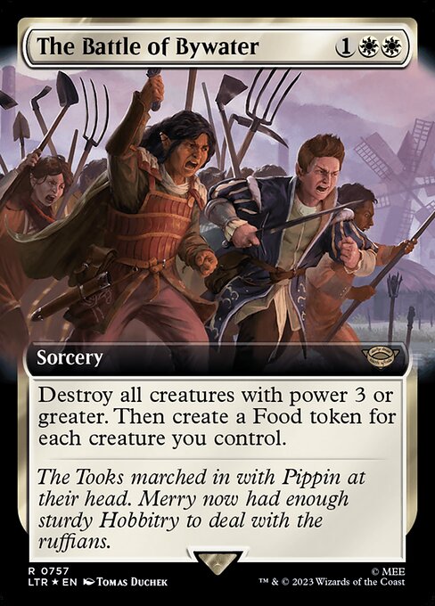 Destroy all creatures with power 3 or greater. Then create a Food token for each creature you control. (It's an artifact with "{2}, {T}, Sacrifice this artifact: You gain 3 life.")