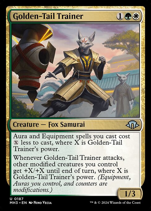 Aura and Equipment spells you cast cost {X} less to cast, where X is Golden-Tail Trainer's power.
Whenever Golden-Tail Trainer attacks, other modified creatures you control get +X/+X until end of turn, where X is Golden-Tail Trainer's power. (Equipment, Auras you control, and counters are modifications.)