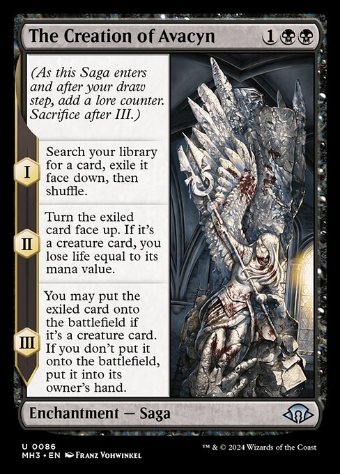 (As this Saga enters and after your draw step, add a lore counter. Sacrifice after III.)
I — Search your library for a card, exile it face down, then shuffle.
II — Turn the exiled card face up. If it's a creature card, you lose life equal to its mana value.
III — You may put the exiled card onto the battlefield if it's a creature card. If you don't put it onto the battlefield, put it into its owner's hand.