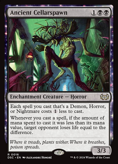 Each spell you cast that's a Demon, Horror, or Nightmare costs {1} less to cast.
Whenever you cast a spell, if the amount of mana spent to cast it was less than its mana value, target opponent loses life equal to the difference.