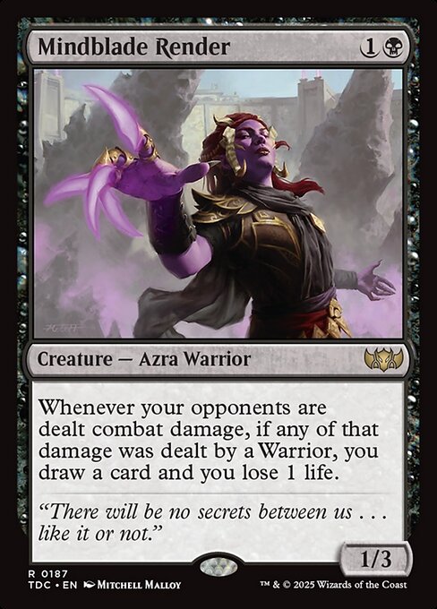Whenever your opponents are dealt combat damage, if any of that damage was dealt by a Warrior, you draw a card and you lose 1 life.