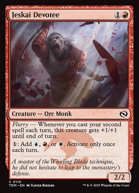 Flurry — Whenever you cast your second spell each turn, this creature gets +1/+1 until end of turn.
{1}: Add {U}, {R}, or {W}. Activate only once each turn.