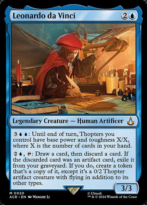 {3}{U}{U}: Until end of turn, Thopters you control have base power and toughness X/X, where X is the number of cards in your hand.
{2}{U}, {T}: Draw a card, then discard a card. If the discarded card was an artifact card, exile it from your graveyard. If you do, create a token that's a copy of it, except it's a 0/2 Thopter artifact creature with flying in addition to its other types.