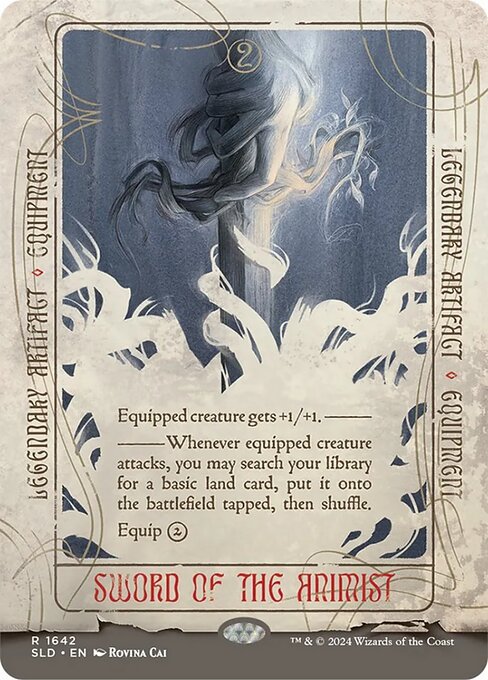 Equipped creature gets +1/+1.
Whenever equipped creature attacks, you may search your library for a basic land card, put it onto the battlefield tapped, then shuffle.
Equip {2}