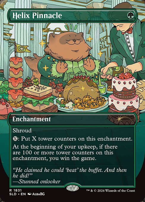 Shroud (This enchantment can't be the target of spells or abilities.)
{X}: Put X tower counters on Helix Pinnacle.
At the beginning of your upkeep, if there are 100 or more tower counters on Helix Pinnacle, you win the game.