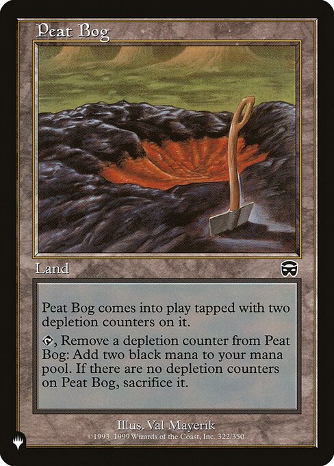 Peat Bog enters tapped with two depletion counters on it.
{T}, Remove a depletion counter from Peat Bog: Add {B}{B}. If there are no depletion counters on Peat Bog, sacrifice it.
