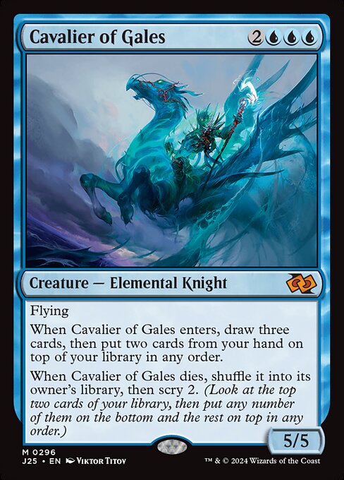Flying
When Cavalier of Gales enters, draw three cards, then put two cards from your hand on top of your library in any order.
When Cavalier of Gales dies, shuffle it into its owner's library, then scry 2. (Look at the top two cards of your library, then put any number of them on the bottom and the rest on top in any order.)